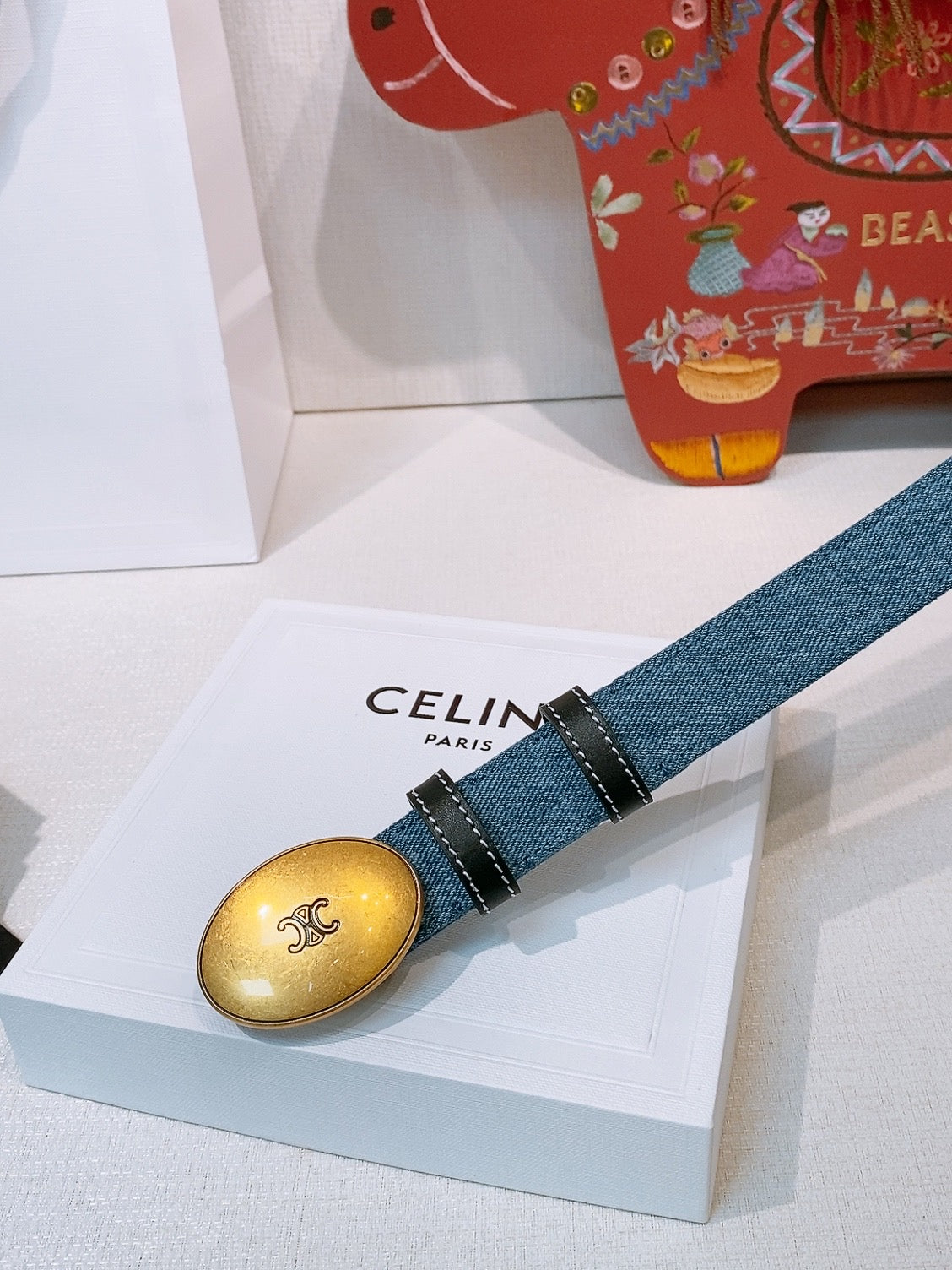 Celine Triomphe Oval Belt 2.5cm Blue Gold Denim 203765