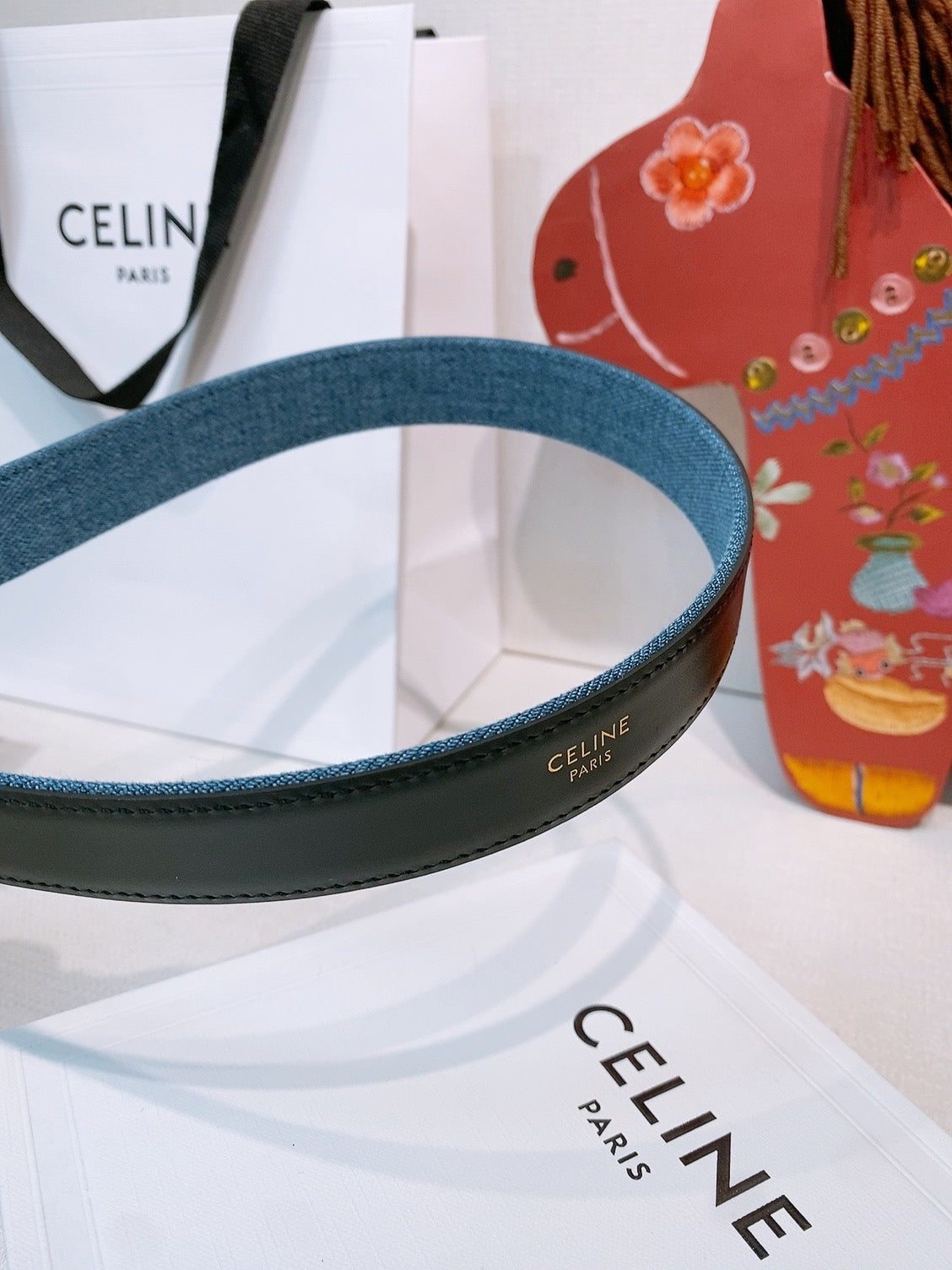 Celine Triomphe Oval Belt 2.5cm Blue Gold Denim 203765