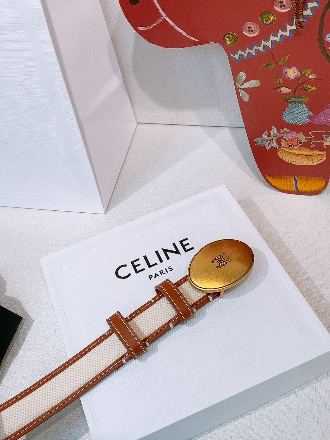 Celine Triomphe Oval Belt 2.5cm Brown White Gold Canvas 203763