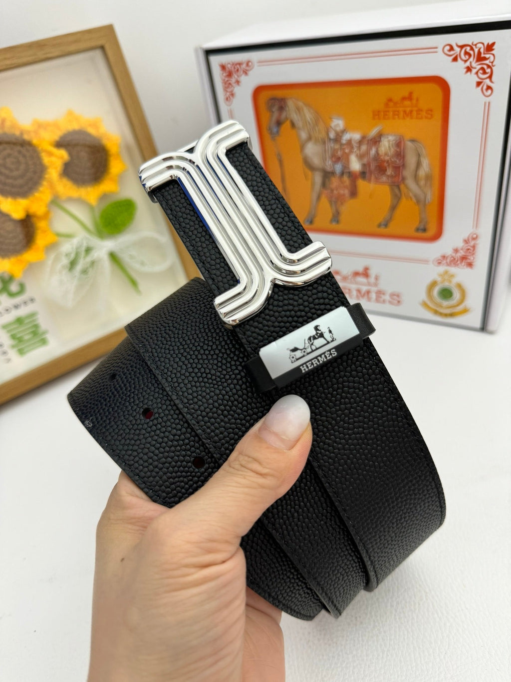 HM Belt 38mm Black Red Cowhide Leather Sliver Buckle 619013