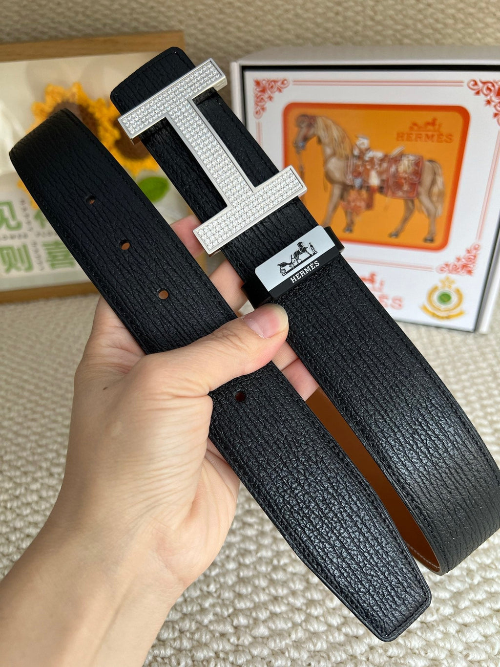 HM Belt 38mm Black Brown Cowhide Sliver Diamond Buckle 618967