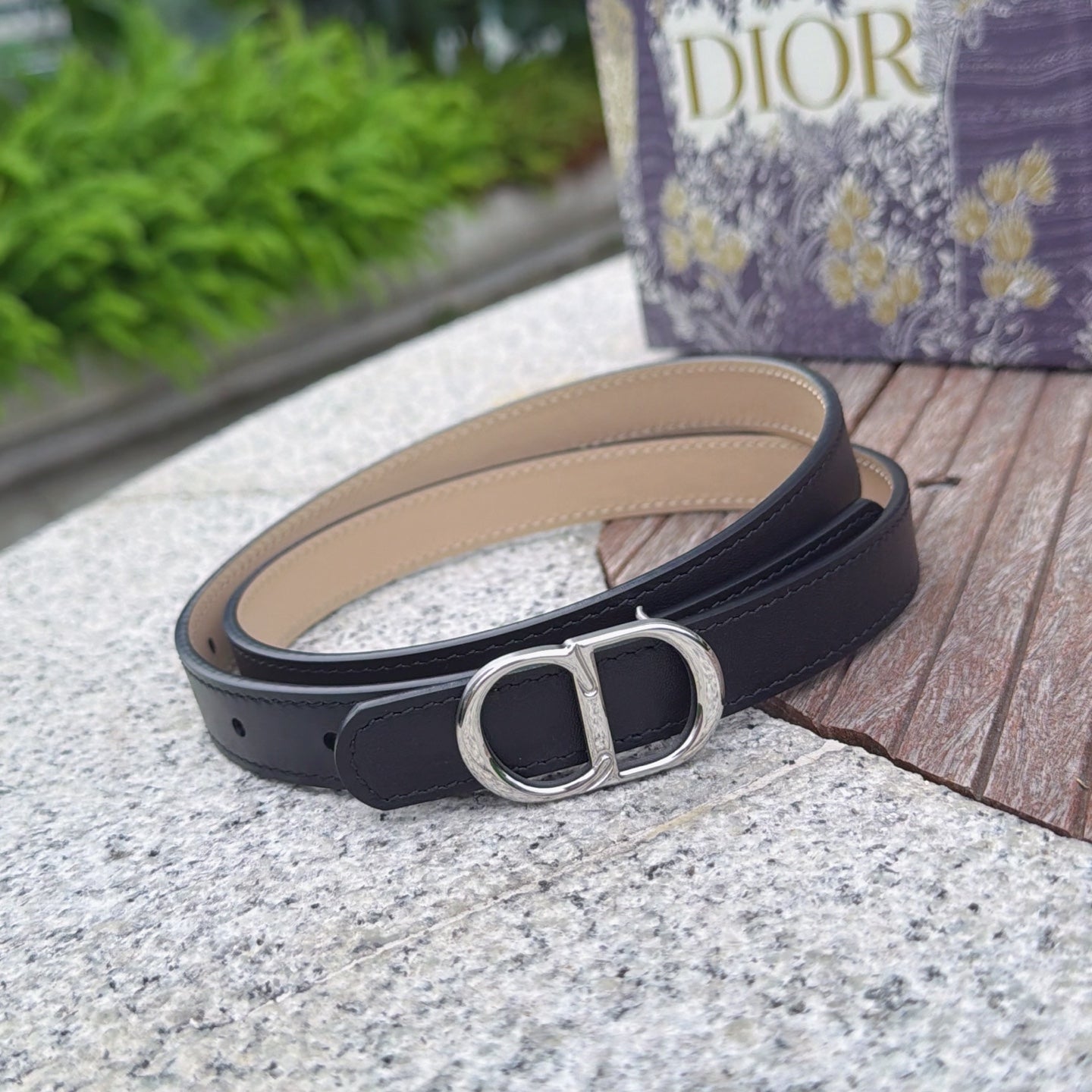 CD 2cm Icon Belt Black Khahi Sliver Calfskin 203164