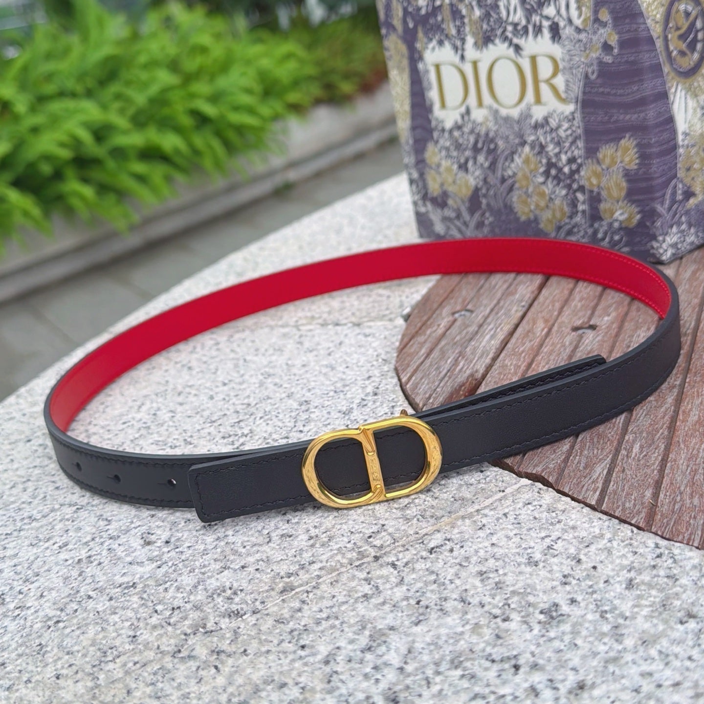 CD 2cm Icon Belt Black Gold Calfskin 203168