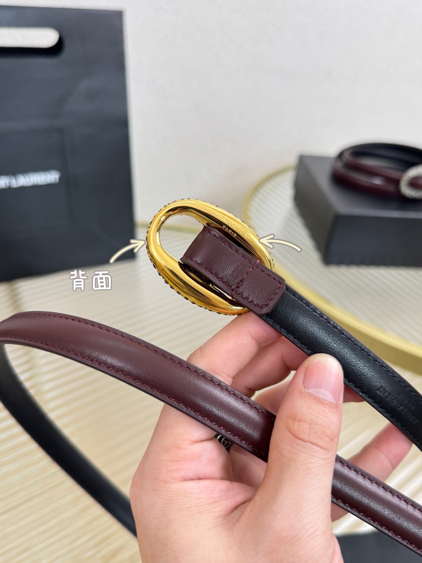 YSL 1.5 Gold Oval Buckle Belt Burgundy Leather