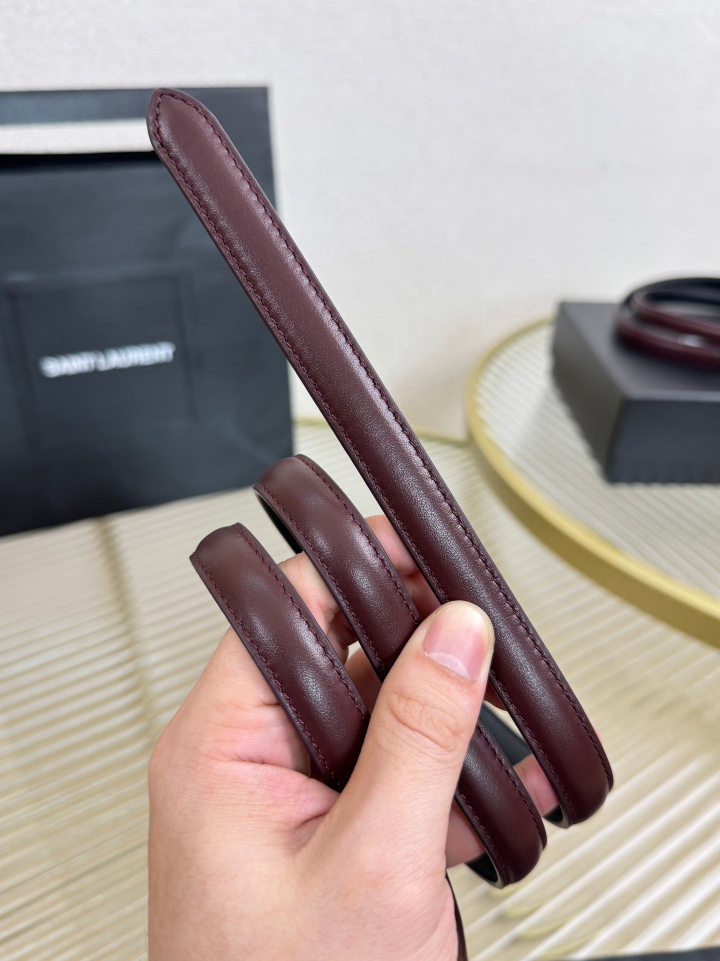 YSL 1.5 Gold Oval Buckle Belt Burgundy Leather