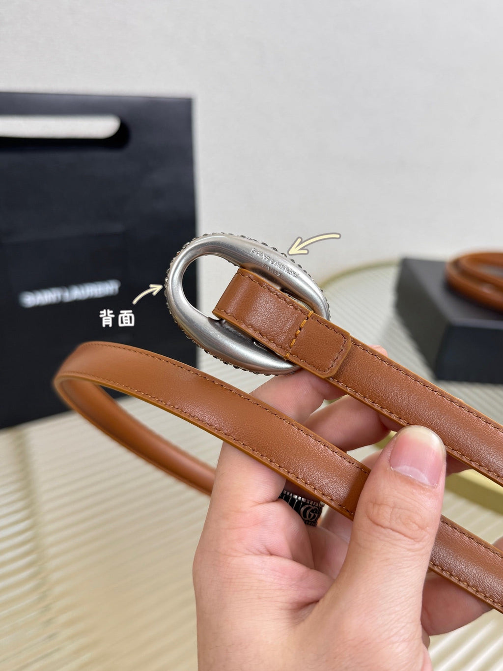 YSL 1.5 Sliver Oval Buckle Belt Brown Leather 200480