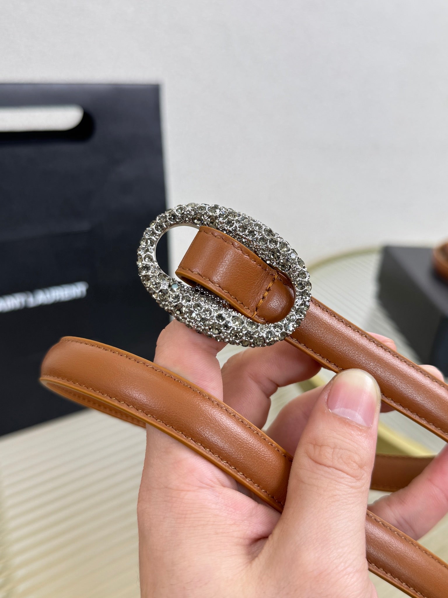 YSL 1.5 Sliver Oval Buckle Belt Brown Leather 200480