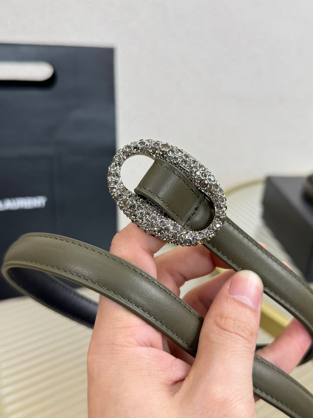YSL 1.5 Sliver Oval Buckle Belt Olive Green Leather 200478