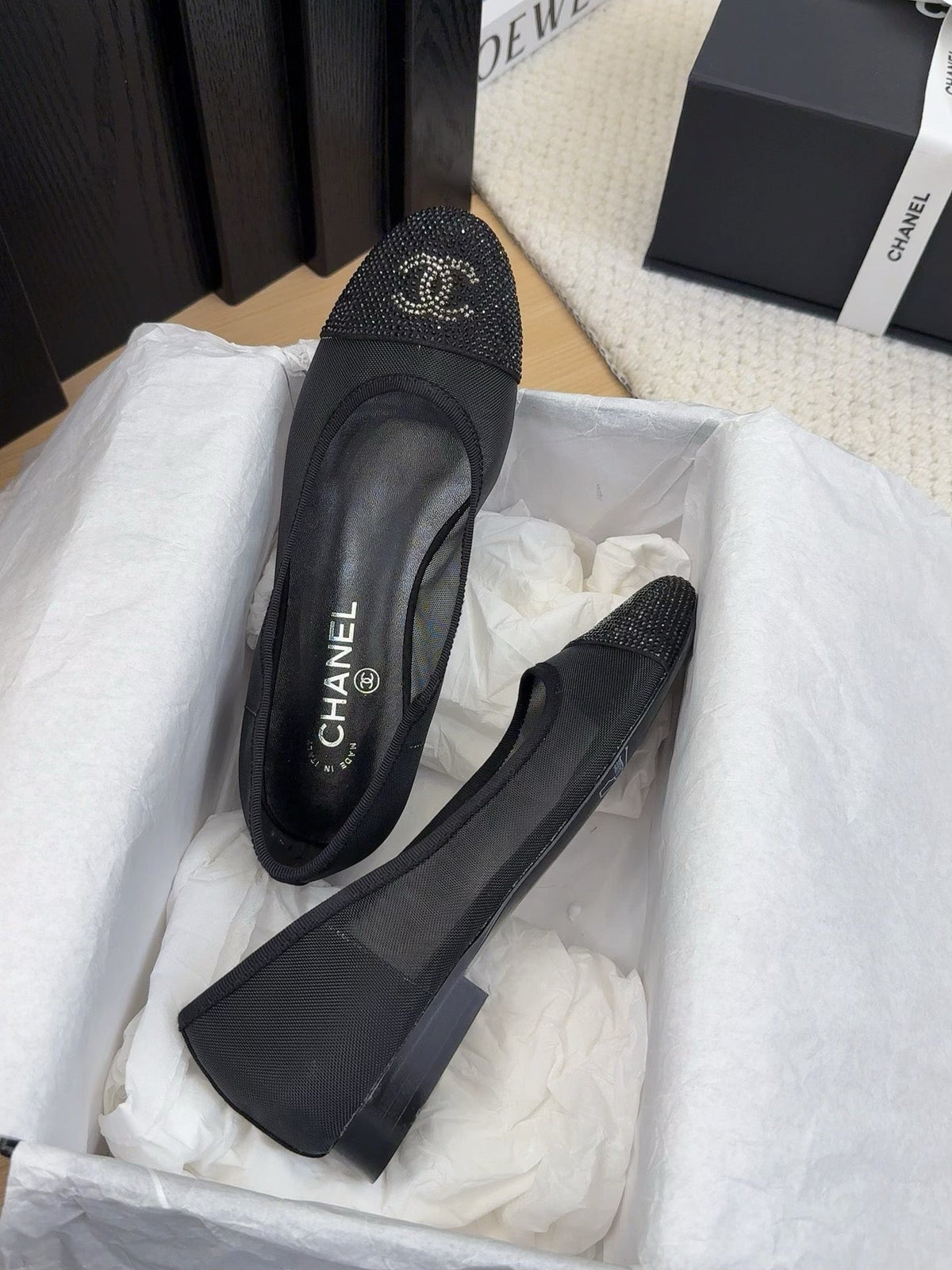 CHANEL BALLET FLAT IN BLACK FABRIC AND MESH WITH CRYSTALS