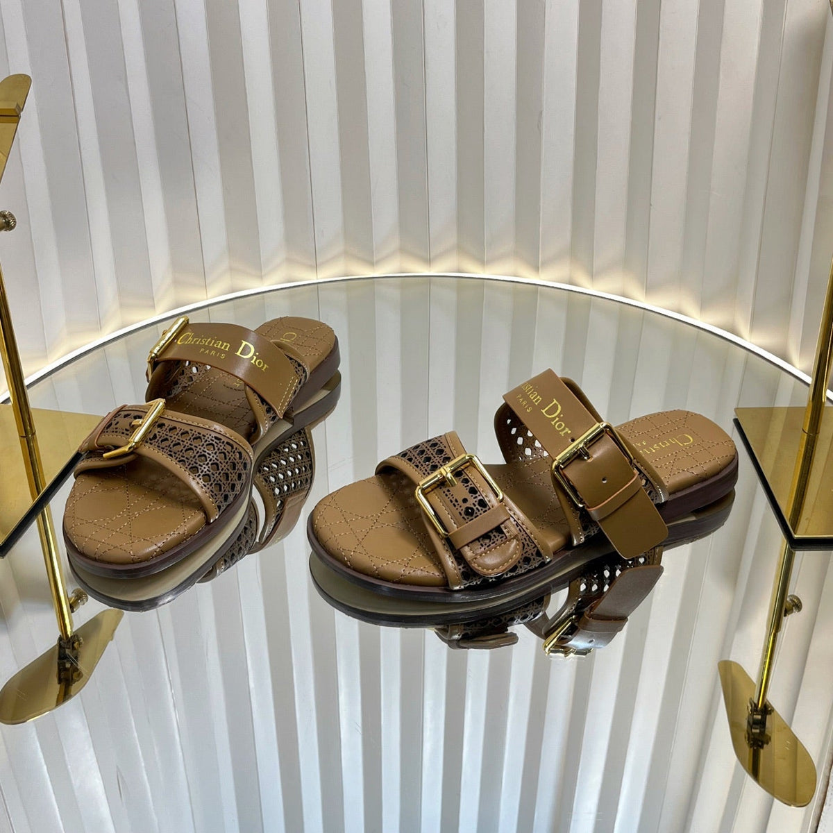 DIOR D-AVENUE SLIDES 25S IN BROWN CALFSKIN MICRO CANNAGE MOTIF