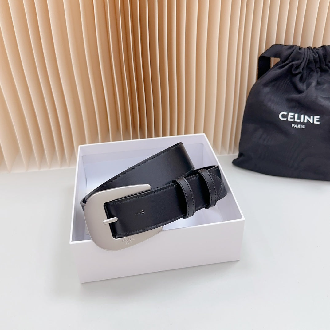 LARGE WESTERN 35 MM BELT BLACK CALFSKIN SILVER HARDWARE