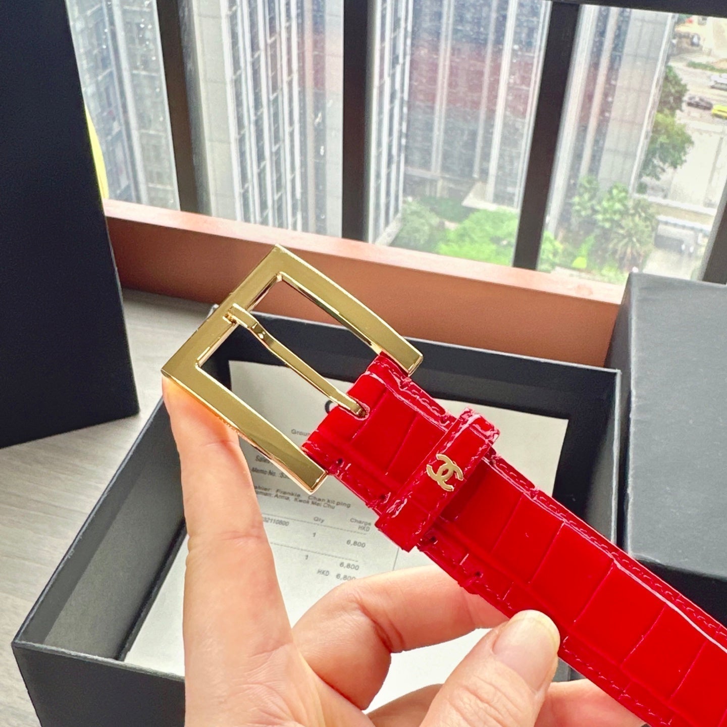 CC Belt 3cm Red Embossed Crocodile Pattern Leather 202936