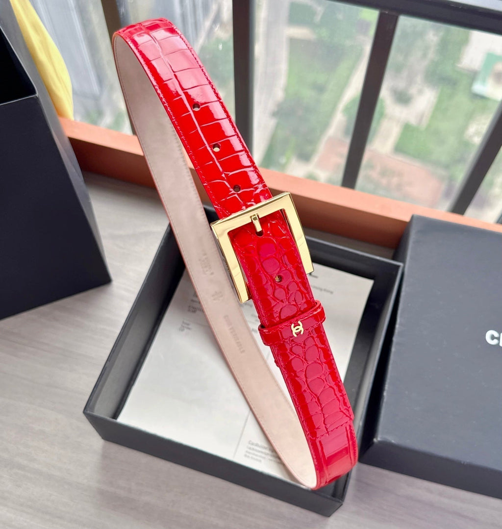 CC Belt 3cm Red Embossed Crocodile Pattern Leather 202936