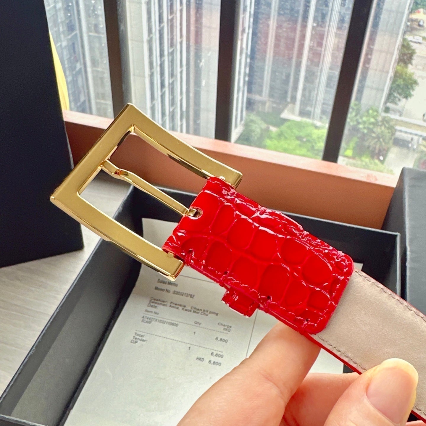 CC Belt 3cm Red Embossed Crocodile Pattern Leather 202936