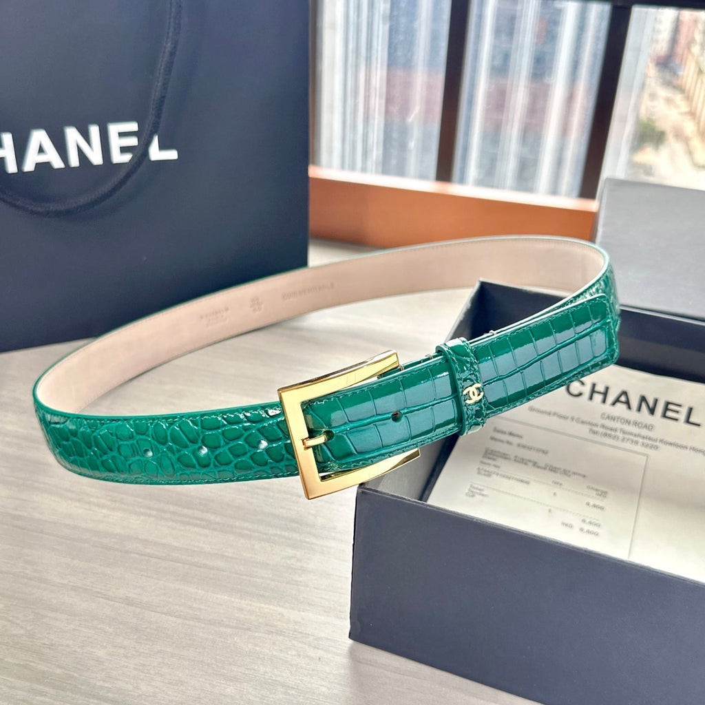 CC Belt 3cm Teal Green Embossed Crocodile Pattern Leather 202935