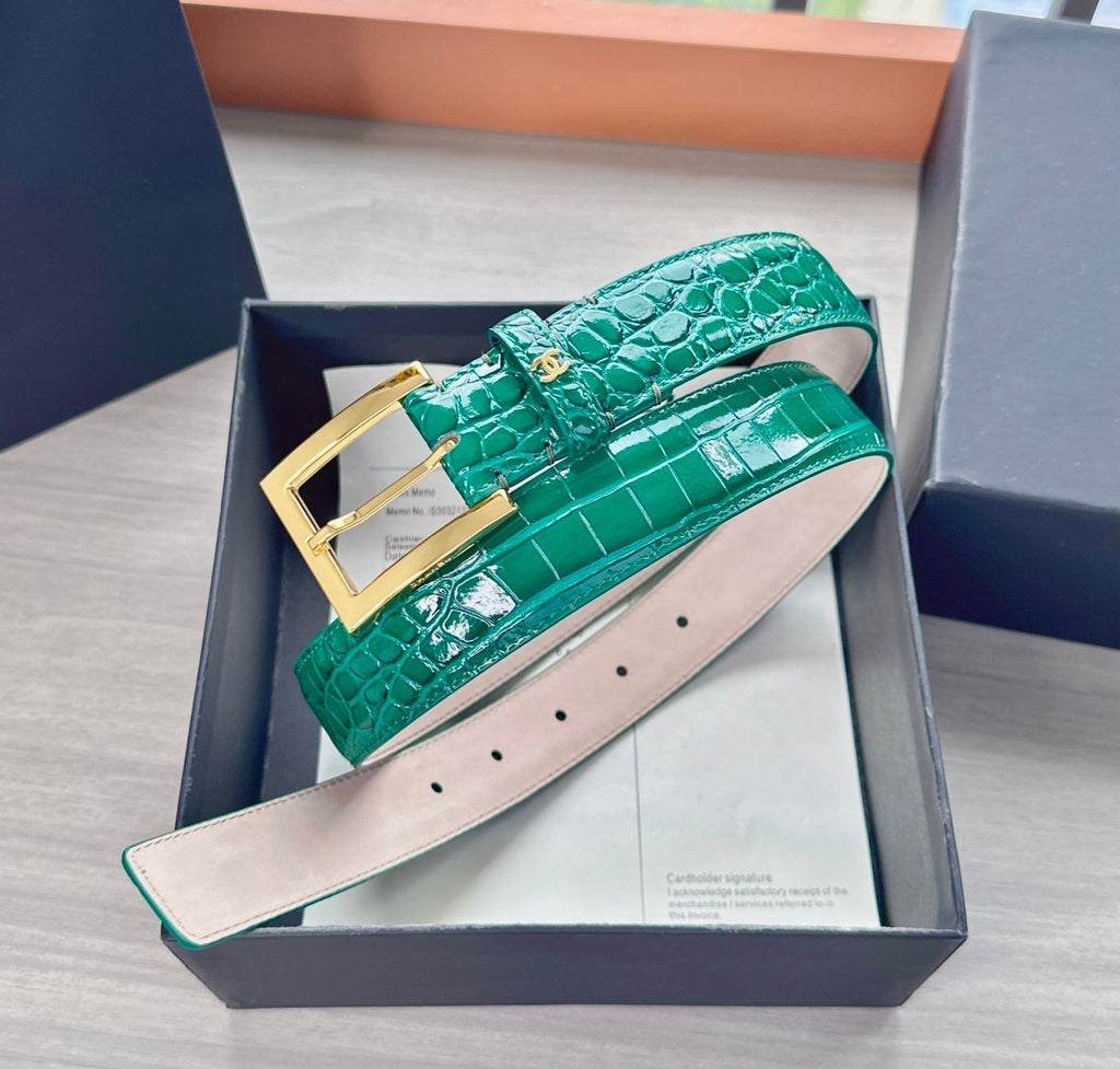 CC Belt 3cm Teal Green Embossed Crocodile Pattern Leather 202935