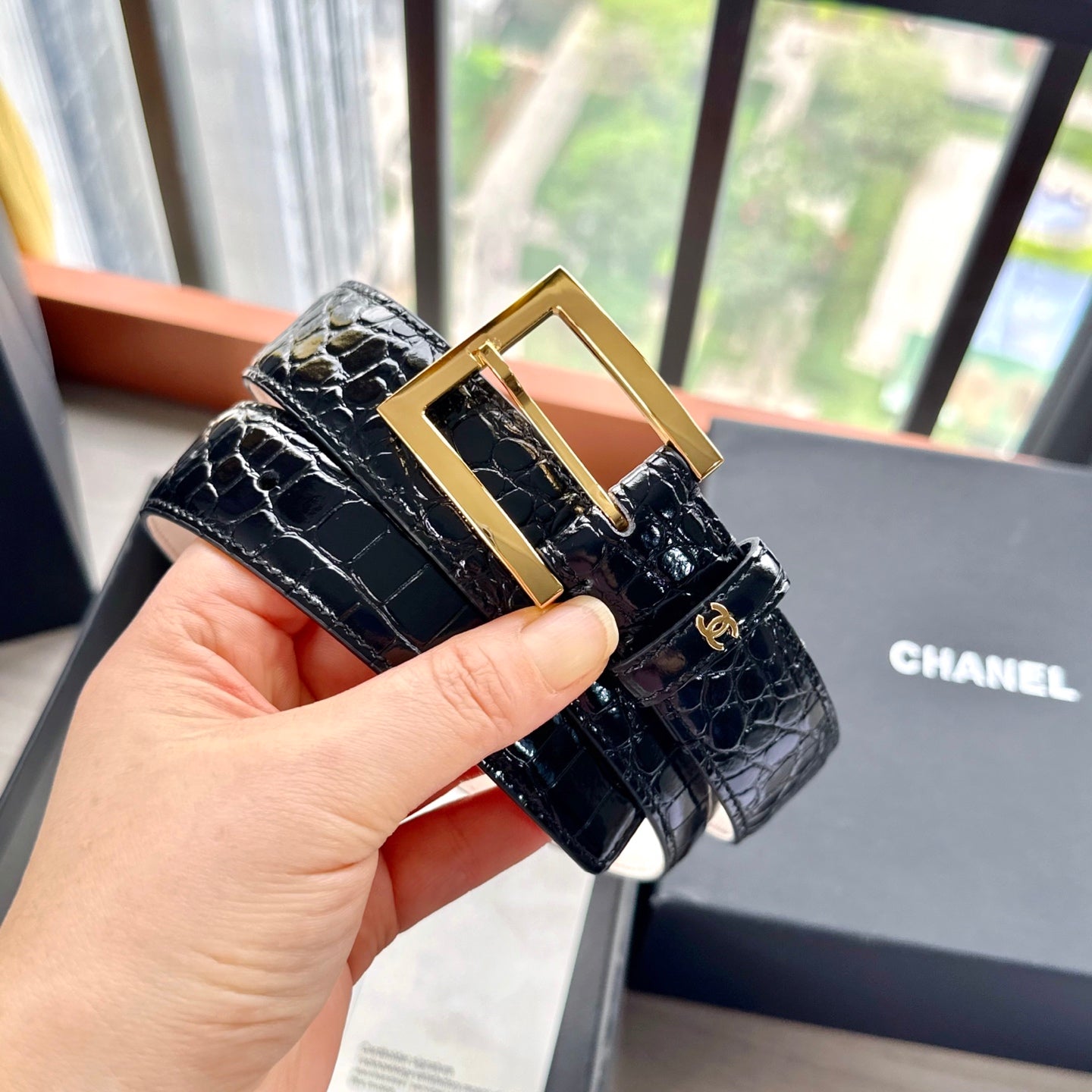 CC Belt 3cm Black Embossed Crocodile Pattern Leather 202934