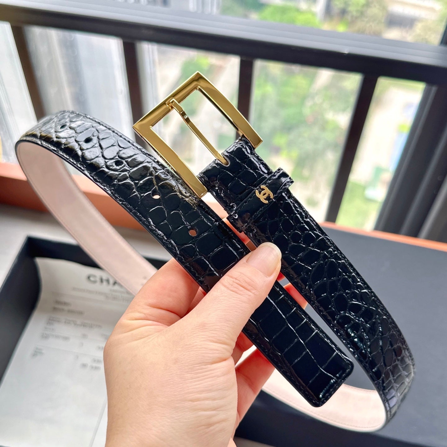 CC Belt 3cm Black Embossed Crocodile Pattern Leather 202934