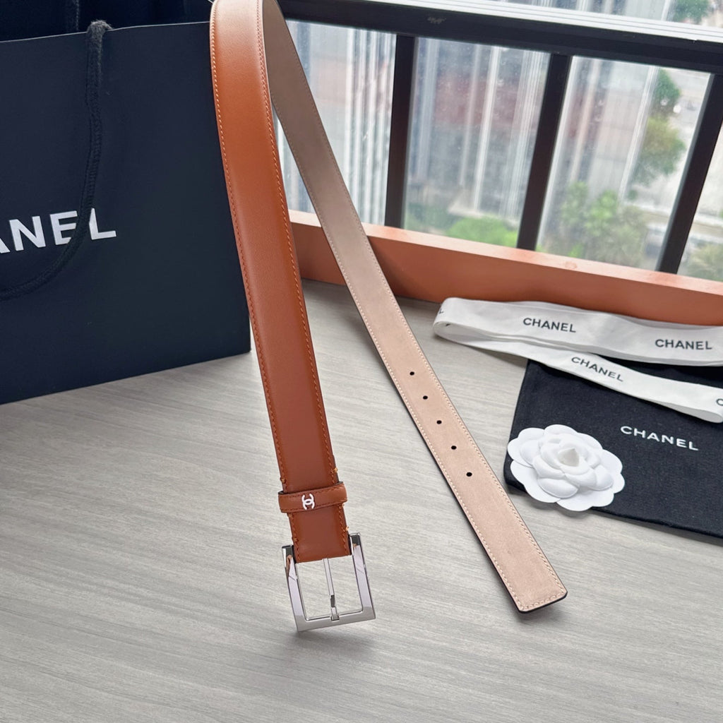 CC Belt 3cm Tan Brown Sliver Cowhide 202806