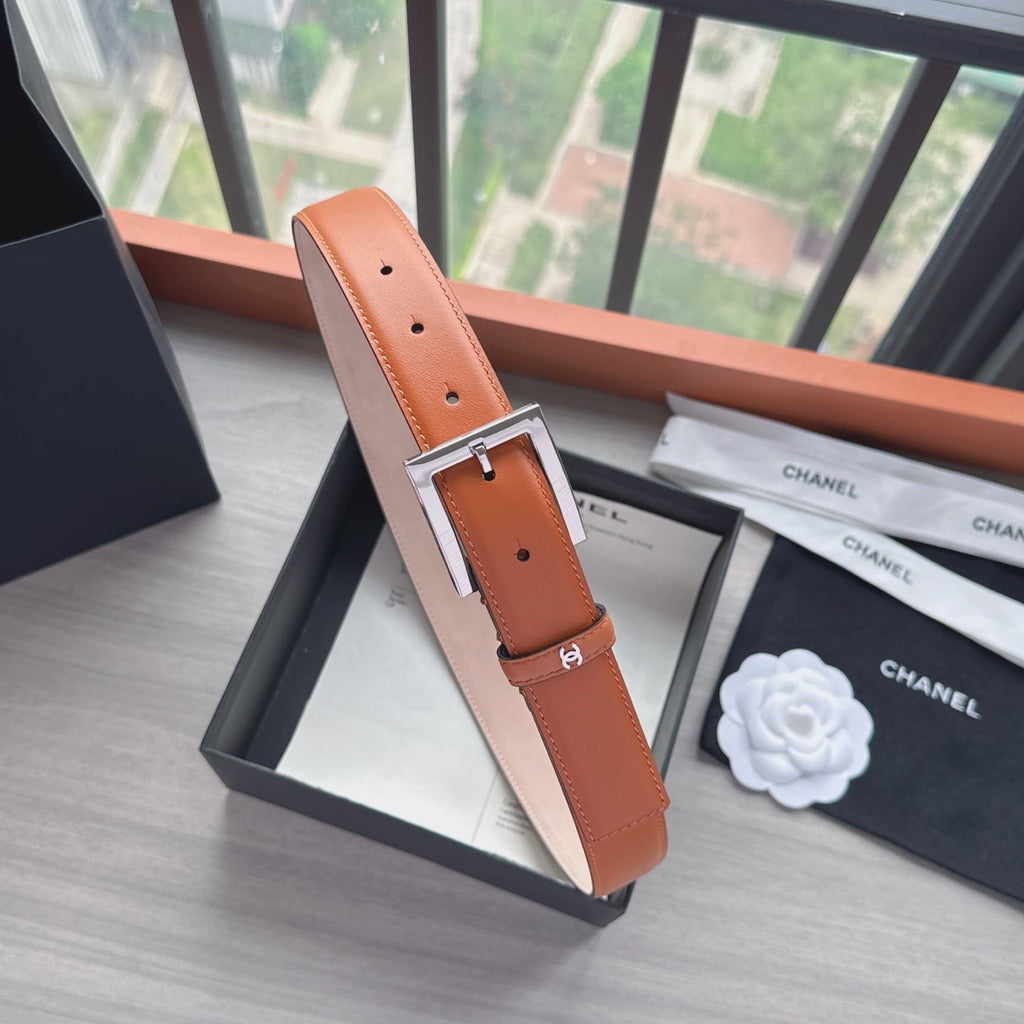 CC Belt 3cm Tan Brown Sliver Cowhide 202806