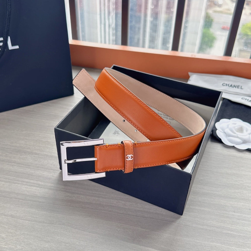 CC Belt 3cm Tan Brown Sliver Cowhide 202806