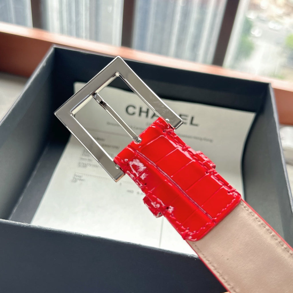 CC Belt 3cm Red Sliver Embossed Crocodile Pattern Leather 202811