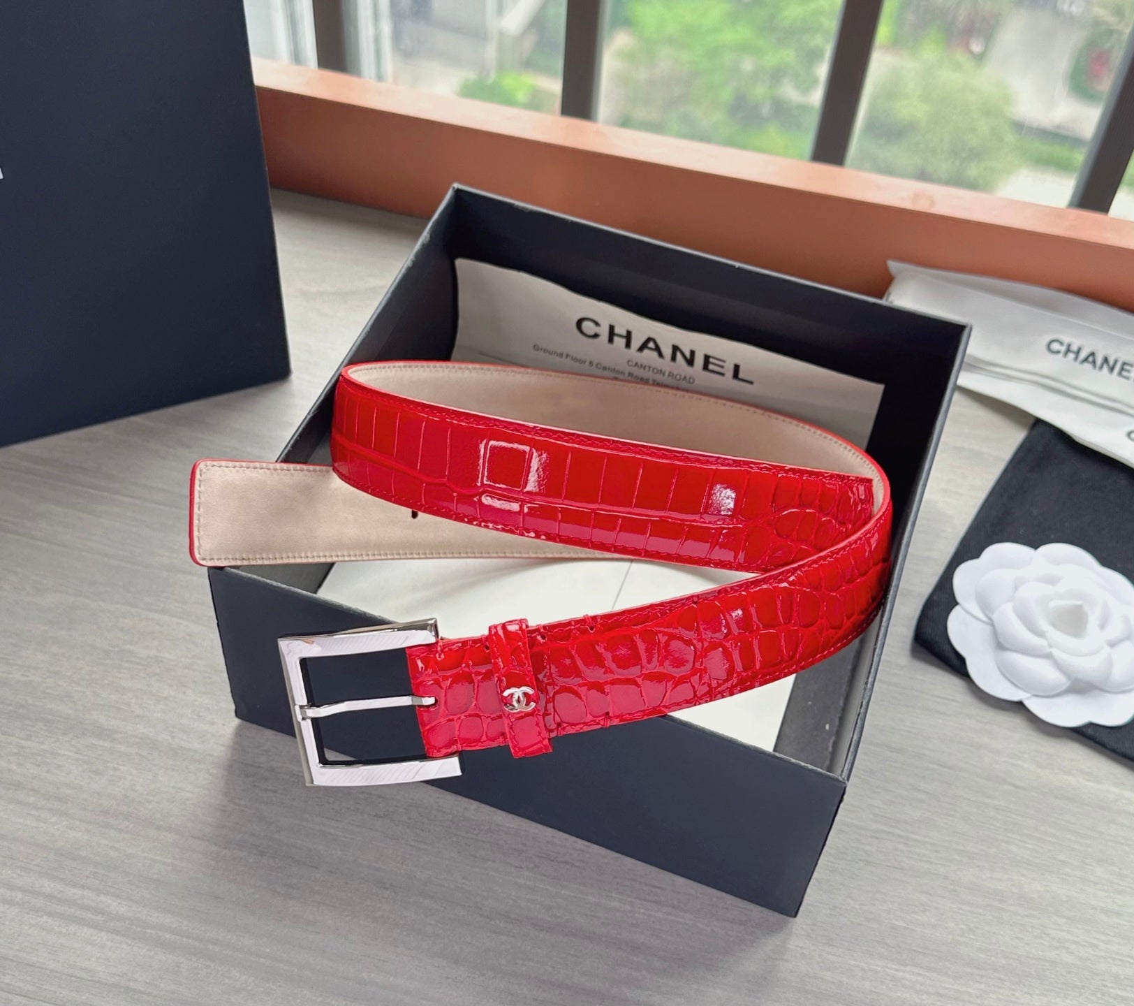 CC Belt 3cm Red Sliver Embossed Crocodile Pattern Leather 202811