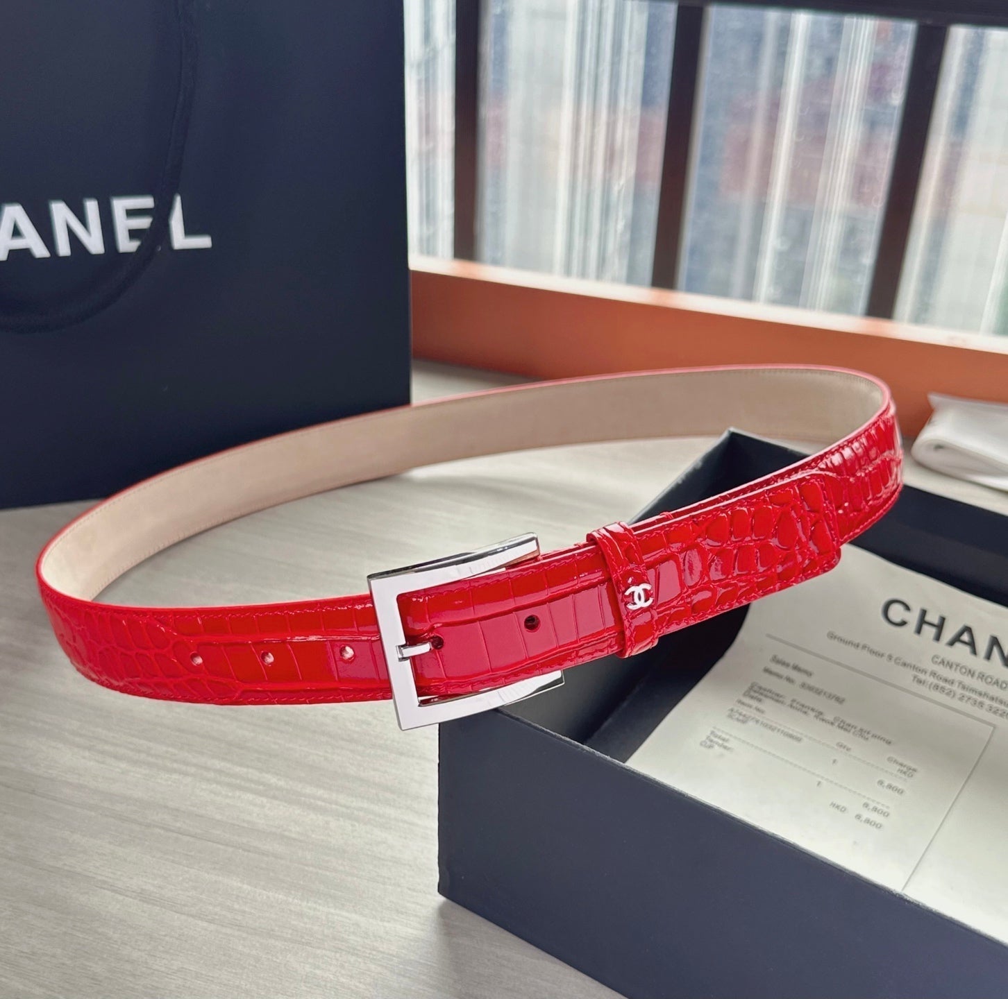 CC Belt 3cm Red Sliver Embossed Crocodile Pattern Leather 202811