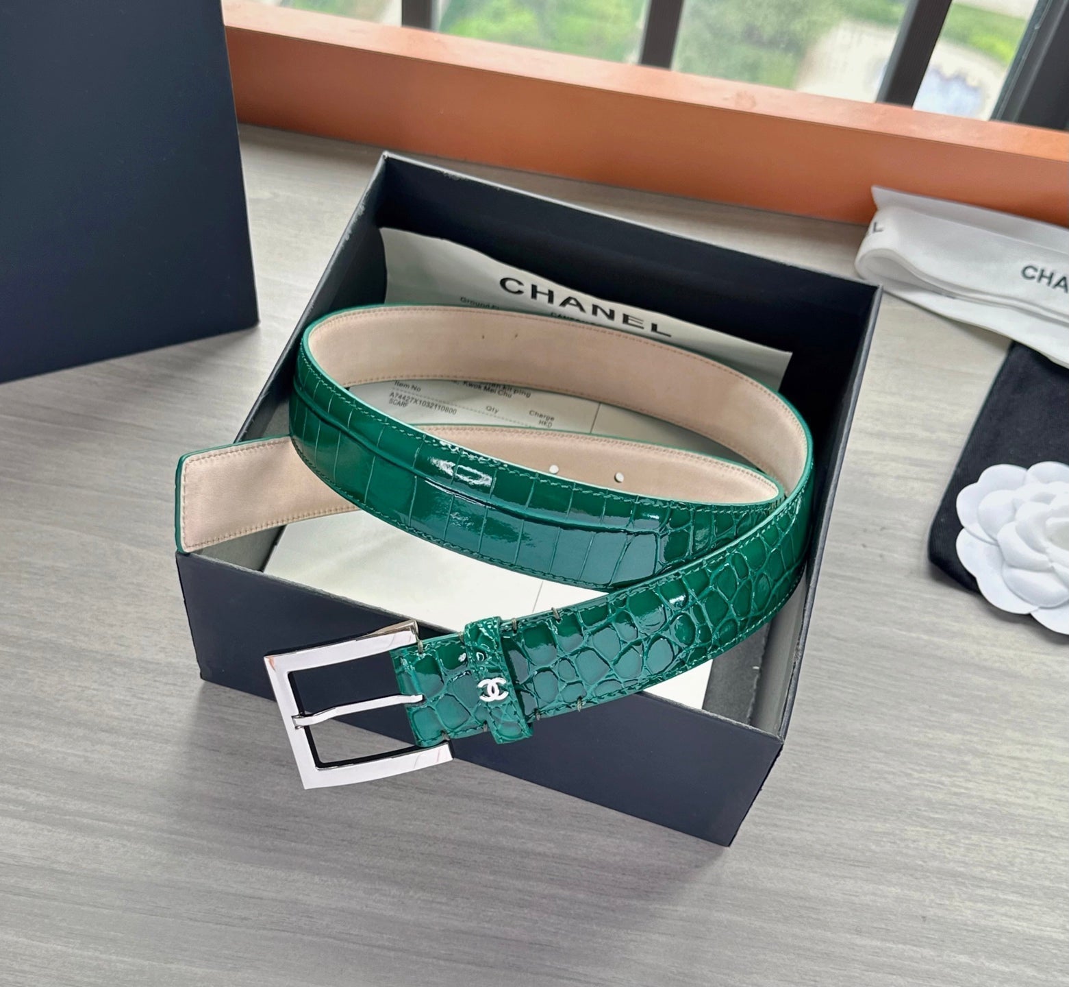 CC Belt 3cm Teal Green Sliver Embossed Crocodile Pattern Leather 202812