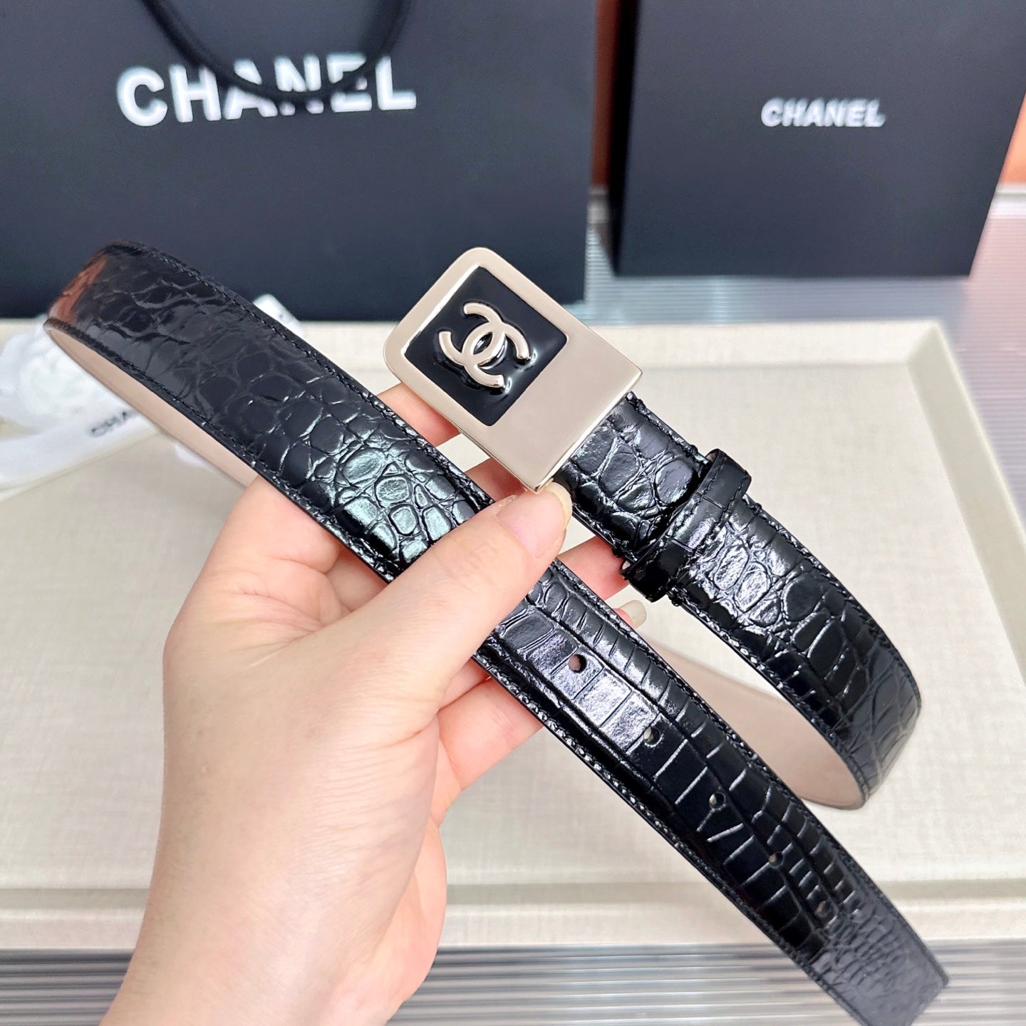CC 3.0cm Belt Black Crocodile-Embossed 209363