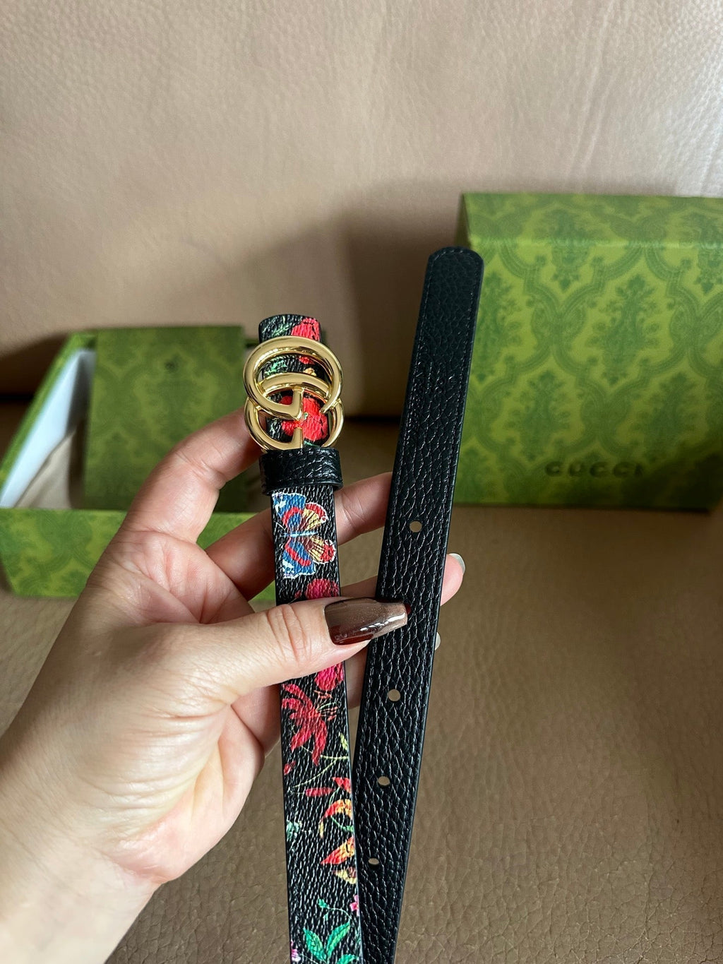 GG Marmont Reversible Belt 3.0cm Flora Print Black Leather
