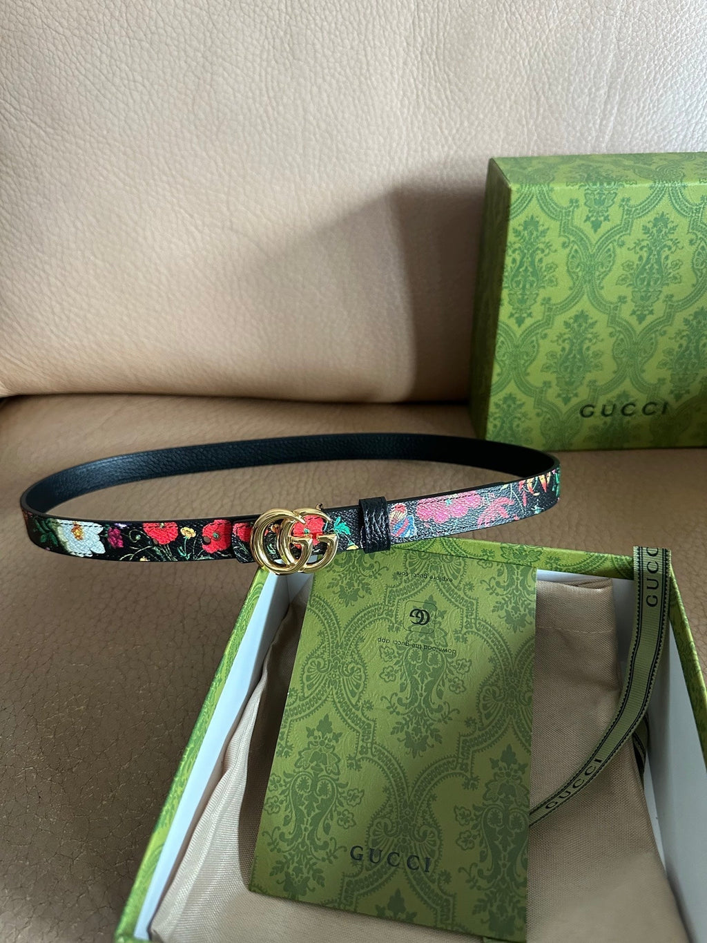 GG Marmont Reversible Belt 3.0cm Flora Print Black Leather