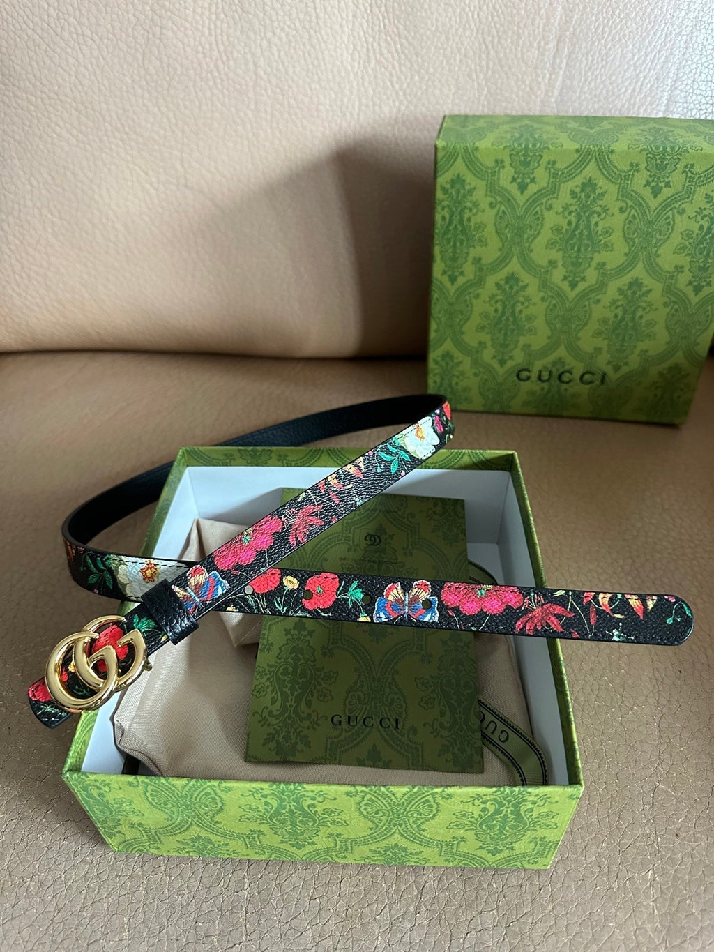 GG Marmont Reversible Belt 3.0cm Flora Print Black Leather