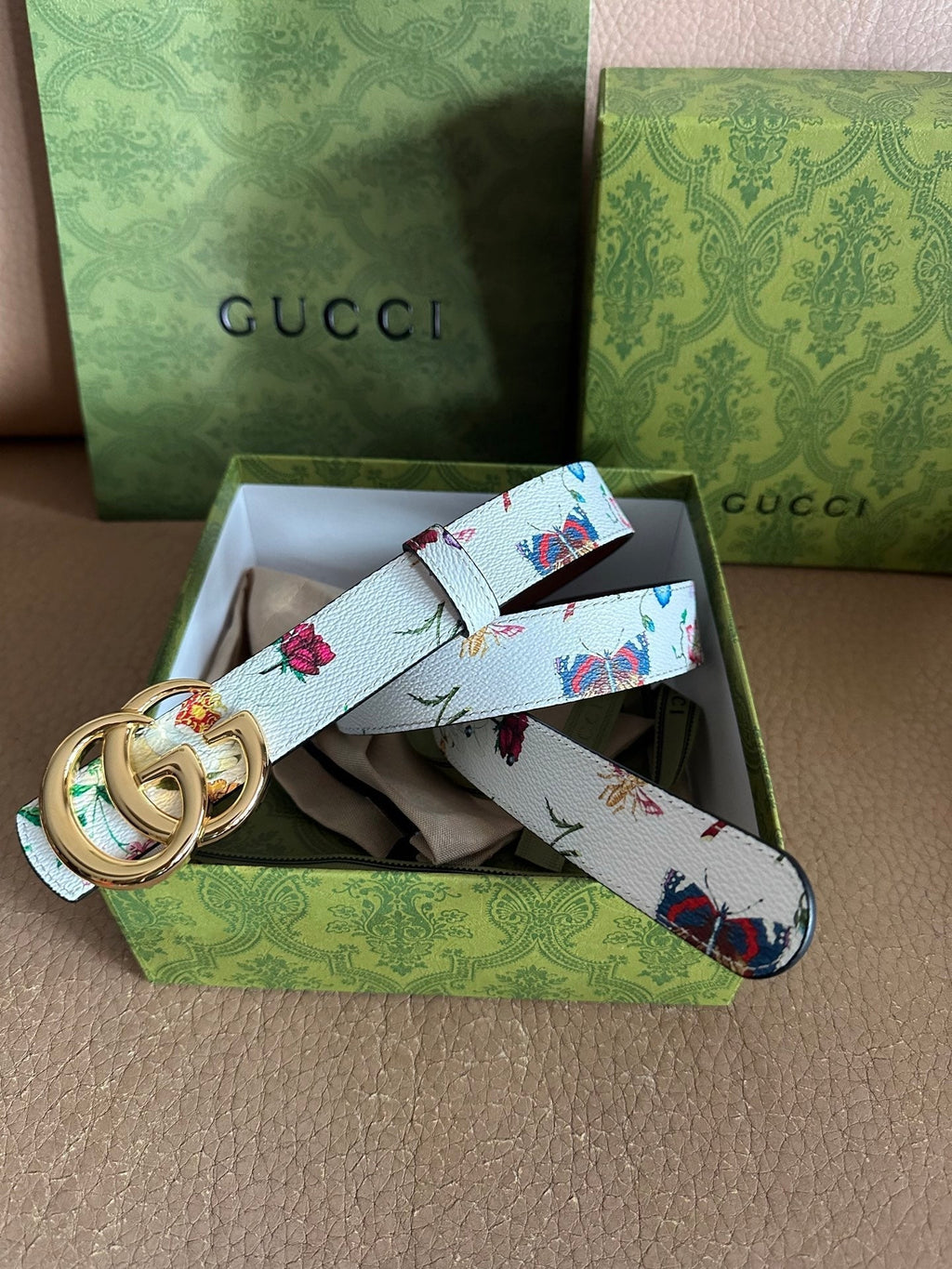 GG Marmont Reversible Belt 3.0cm Flora Print White Leather