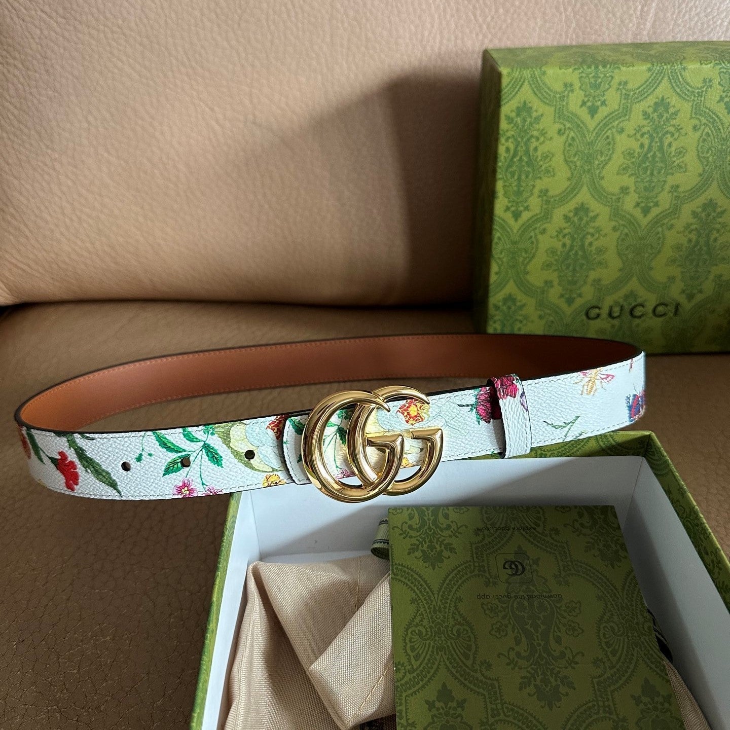 GG Marmont Reversible Belt 3.0cm Flora Print White Leather