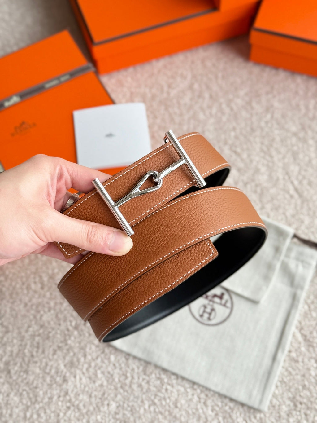 HM Jumbo Buckle Belt 38mm Brown Black Leather 187559
