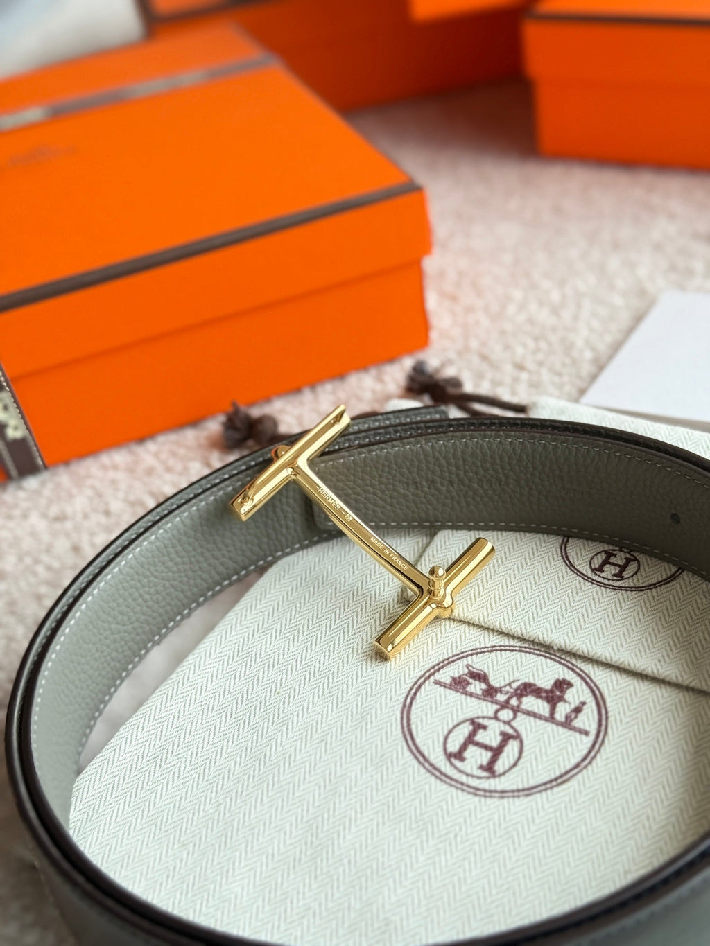 HM Gold H d'Ancre Belt Meyer Gray Leather 187774