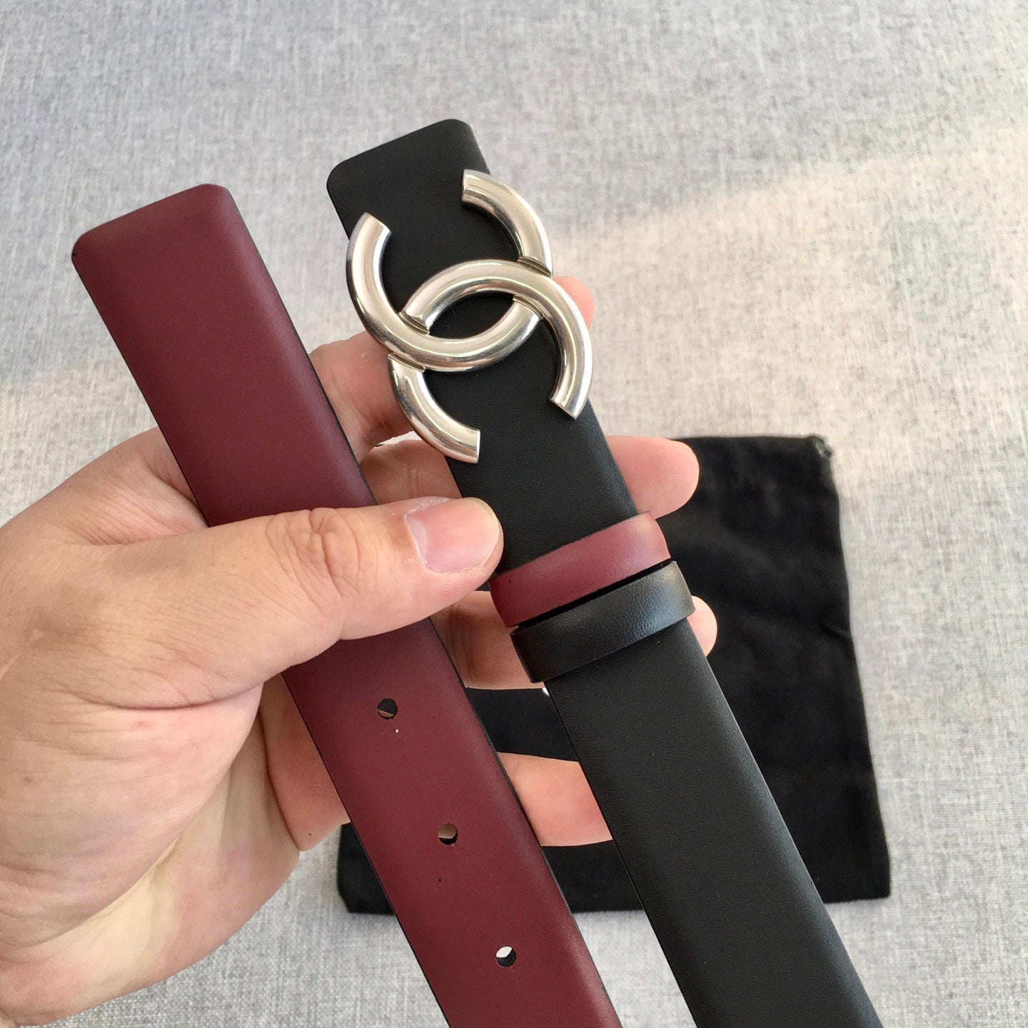 CC 2022 3.0cm Reversible Sliver Belt Calfskin Black Burgundy Calfskin