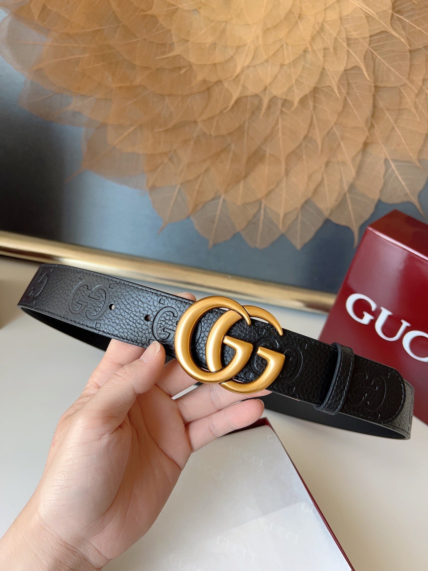 DOUBLE G MARMONT GOLD BUCKLE 37MM BLACK EMBOSSED LEATHER