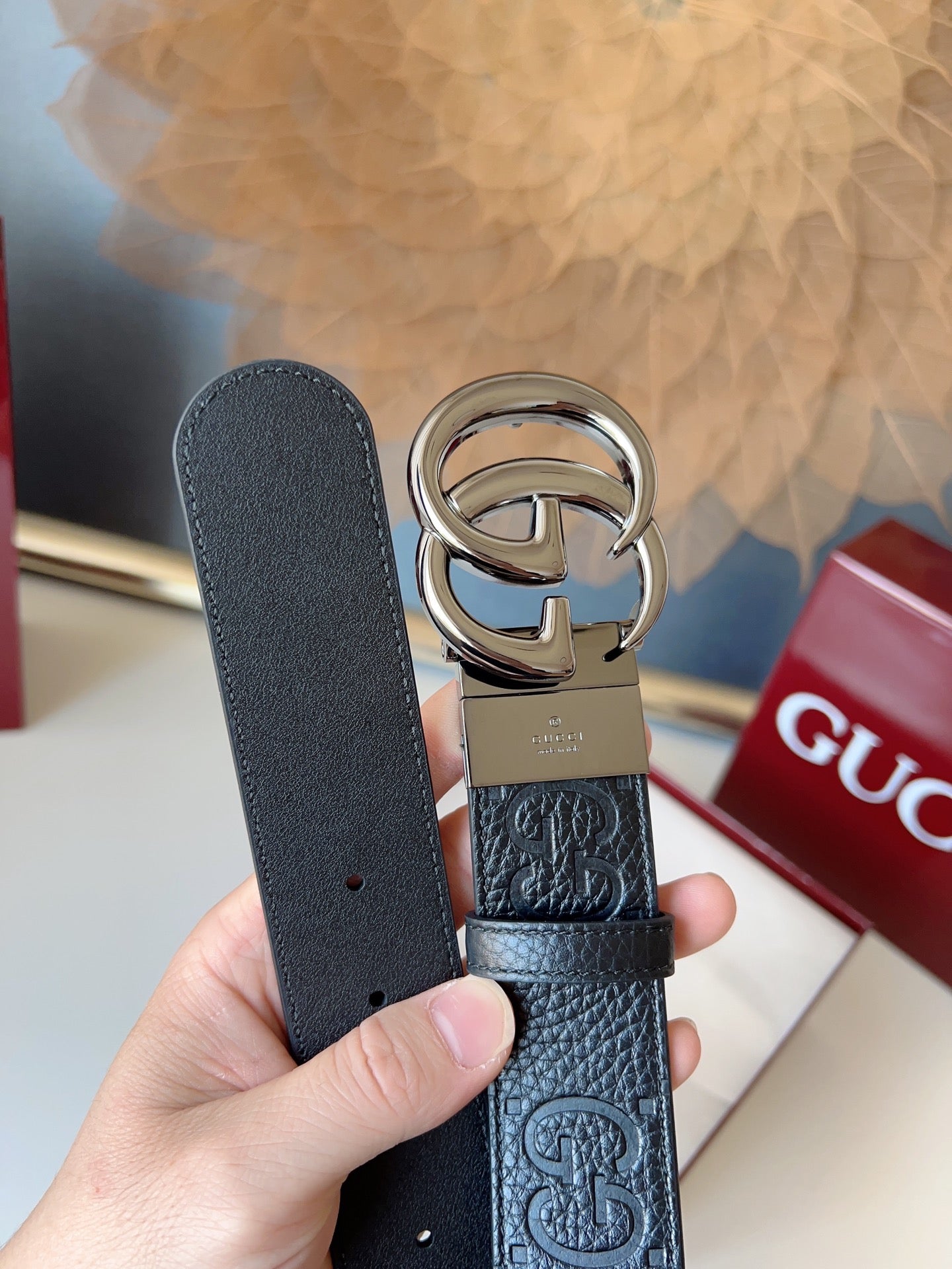 DOUBLE G MARMONT BLUNT COPPER BUCKLE 37MM BLACK EMBOSSED LEATHER