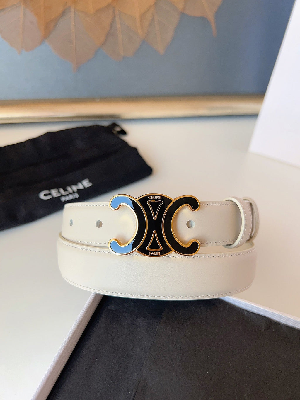 CL Black 25mm Triomphe Enamel Belt White Cowhide 616415