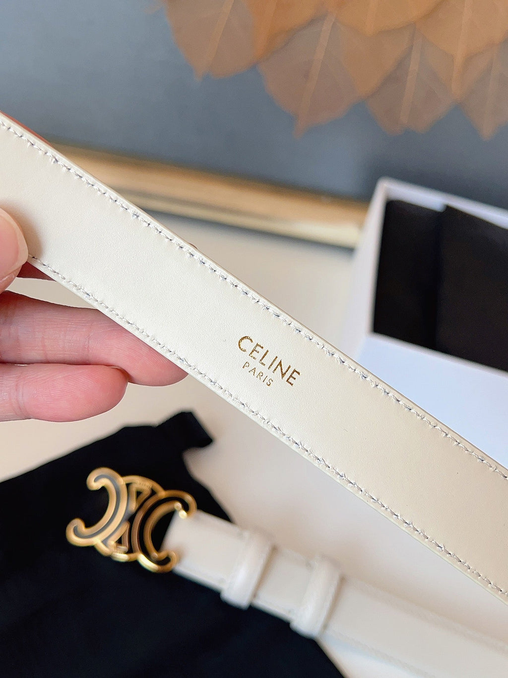 CL Black 25mm Triomphe Enamel Belt White Cowhide 616415