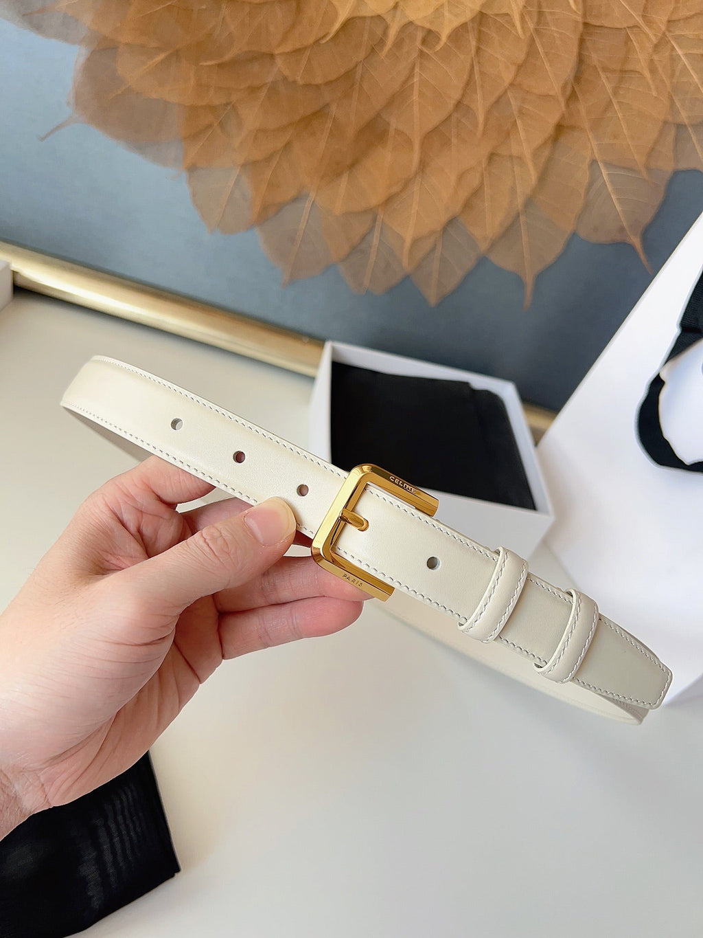 CL Gold 25mm Triomphe Belt White Cowhide 616410