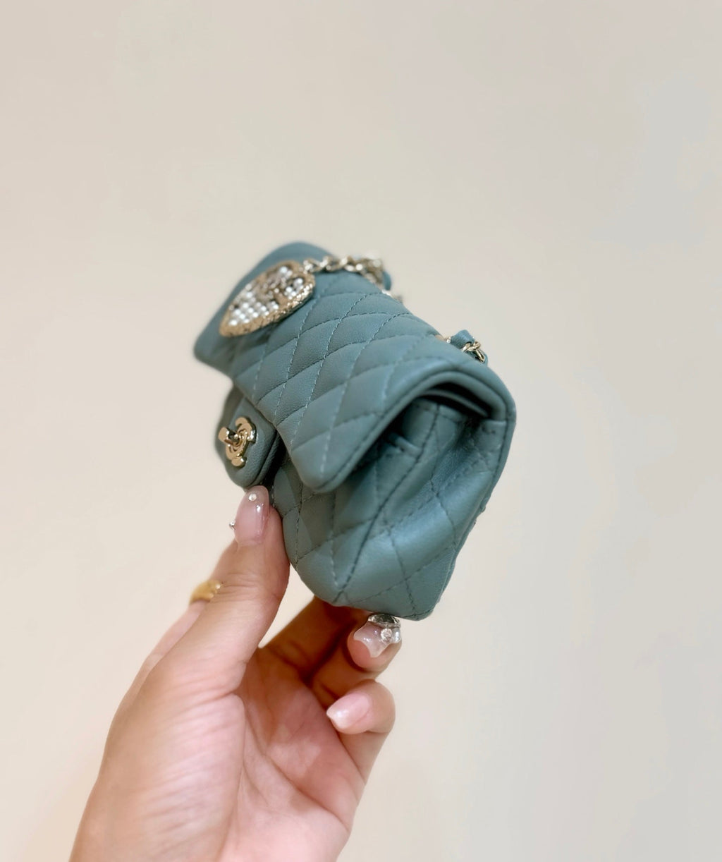 CHANEL 25S FLAP CHARM BAG 13 IN TEAL BLUE LAMBSKIN