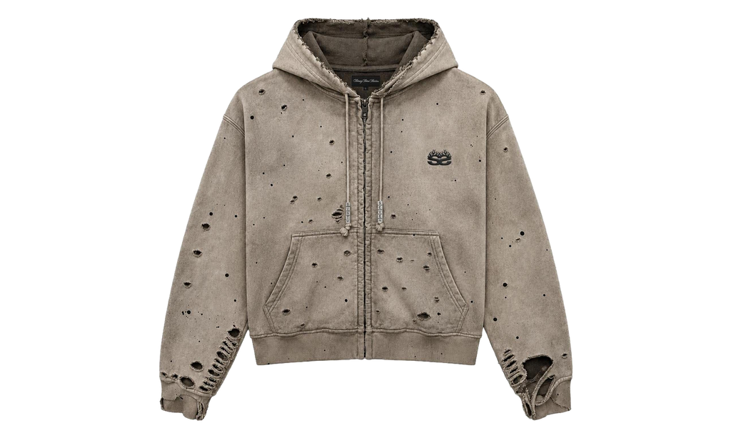 Charm Zip Up Distressed Hoodie "Taupe" 77S014