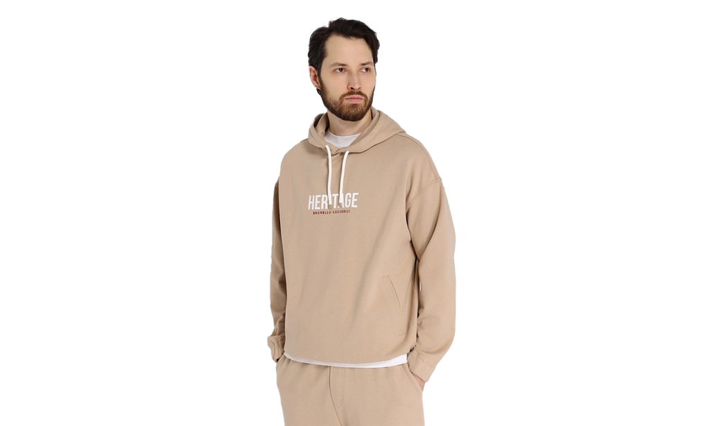 Embroidered Drawstring 'HERITAGE' Graphic Print Hoodie "Beige" BRUN1134
