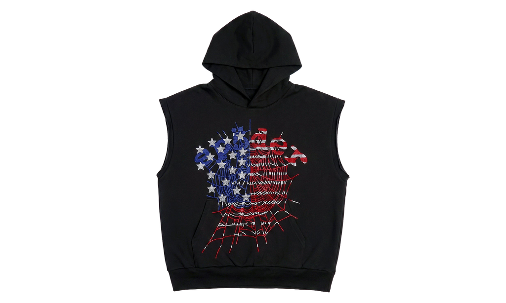RHINESTONE OG WEB SLEEVELESS HOODIE "USA - Onyx" SP5der602