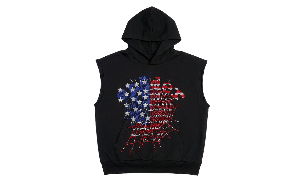 RHINESTONE OG WEB SLEEVELESS HOODIE "USA - Onyx" SP5der602