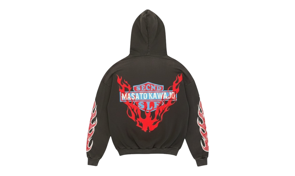 Masato Kawajo Rhinestone Studded Firestorm Hoodie "Vintage Black" MASSHD BLK