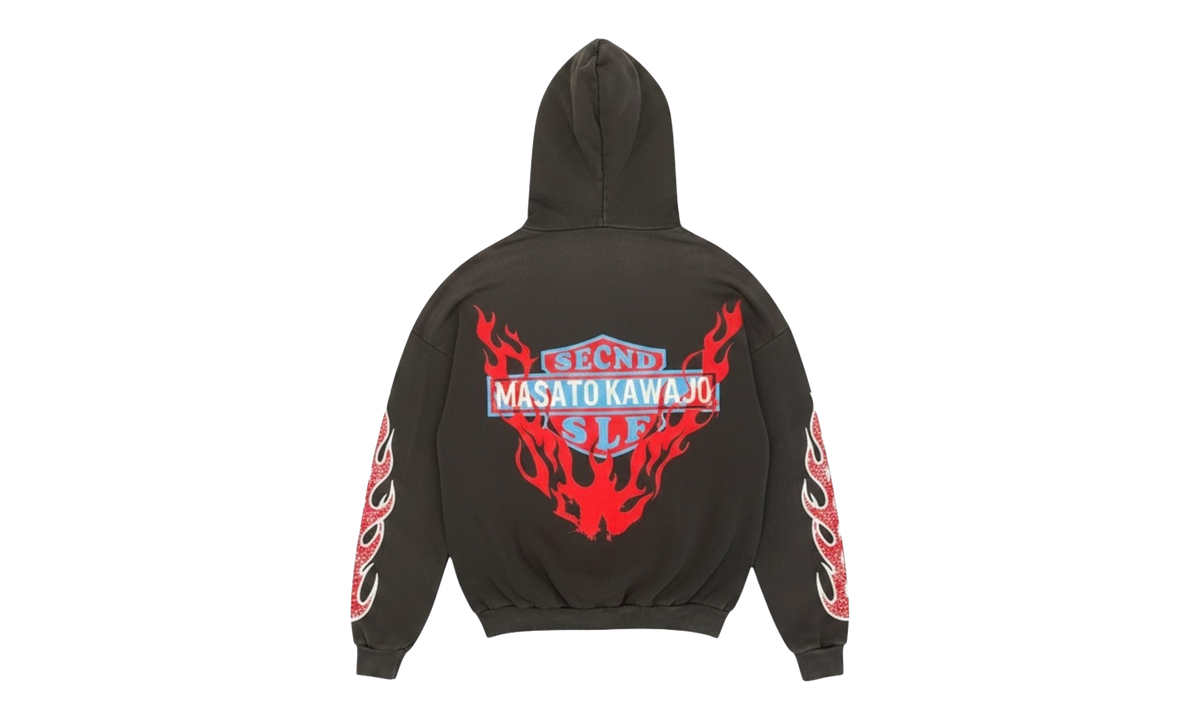 Masato Kawajo Rhinestone Studded Firestorm Hoodie "Vintage Black" MASSHD BLK